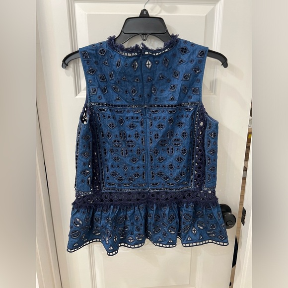 Sea New York Eyelet Fringe Sleeveless Denim Peplum Top Size 2 EUC - Picture 7 of 7
